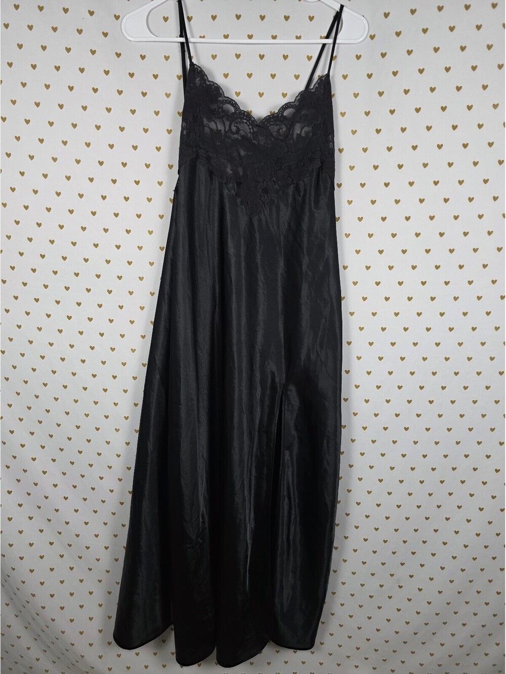 Victoria's Secret Black Satin Lace Maxi Nightgown Slip Gown L Vintage Heart